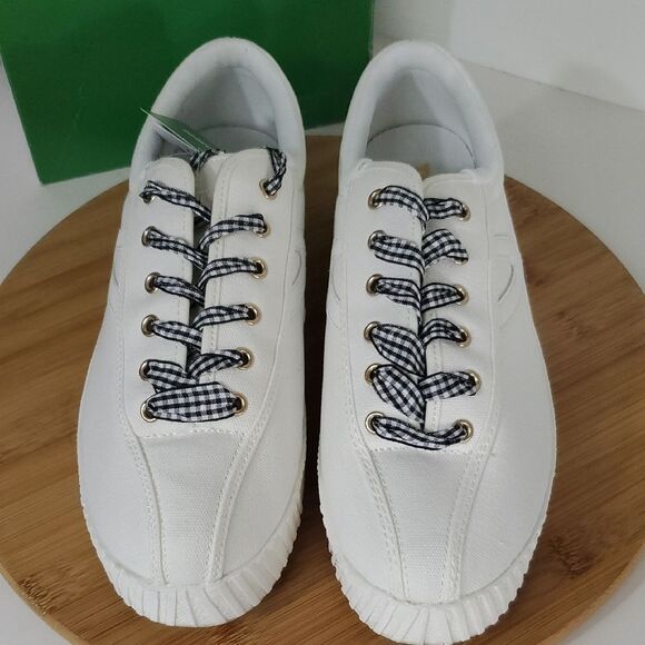 Tretorn NY Lite Bold White Canvas Platform Sneakers Gingham Ribbon Laces W10 - Picture 2 of 10